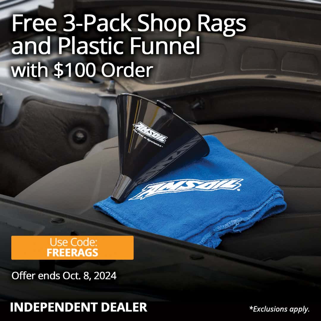 Free 3-pack shop rags and plastic funnel with order of $100 or more